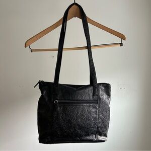 Vintage black leather floral print bag